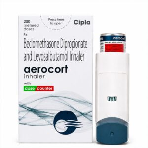 Aerocort Inhaler 200 mdi (Levosalbutamol/Beclometasone) front box with inhaler