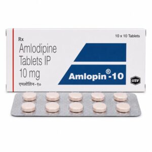 Amlopin 10 mg (Amlodipine) front box with strip