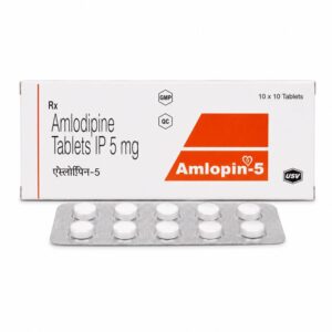 Amlopin 5 mg (Amlodipine) front box with strip
