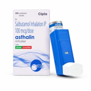 Asthalin 100 mcg Inhaler (Salbutamol) front box with inhaler