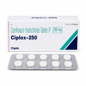 Ciplox 250 mg Tablet (Ciprofloxacin) front box with strip