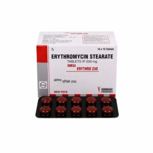 Erythro 250 mg (Erythromycin) front box with strip