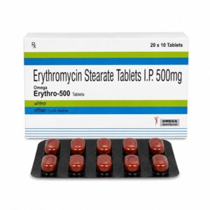 Erythro 500 mg (Erythromycin) front box with strip