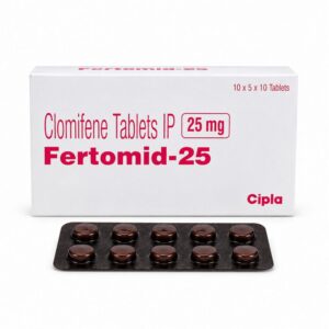Fertomid 25 mg (Clomiphene) front box with strip