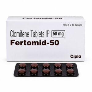 Fertomid 50 mg (Clomiphene) front box with strip