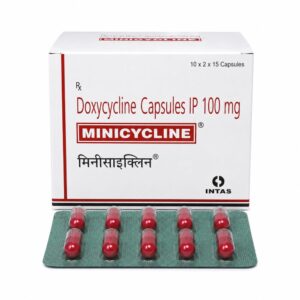 Minicycline 100 mg ( Doxycycline ) front box with strip