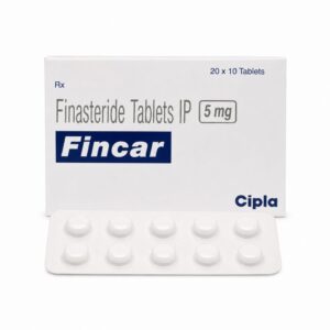 Fincar 5 mg (Finasteride) front box with strip