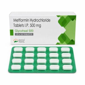 Glycoheal 500 mg (Metformin) front box with strip