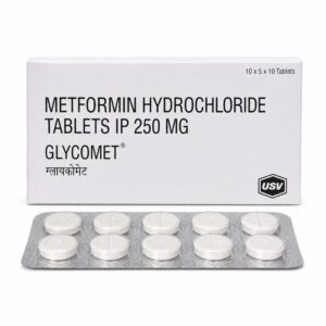 Glycomet 250 mg (Metformin) front box with strip