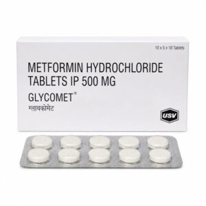 Glycomet 500 mg (Metformin) front box with strip