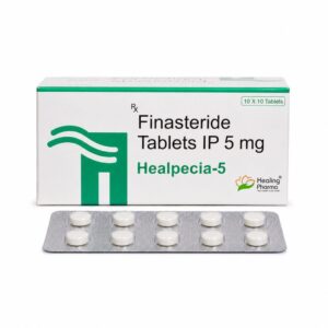 Healpecia 5 mg (Finasteride) front box with strip